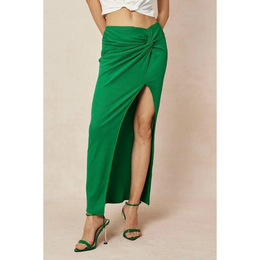 Micas Knee Length Green Skirt High‎ Slit Twist Front Fitted Maxi Size XS